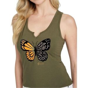 GUESS Women's Olive Green Split V-Neck Butterfly Graphic Stretch Tank Top Size L